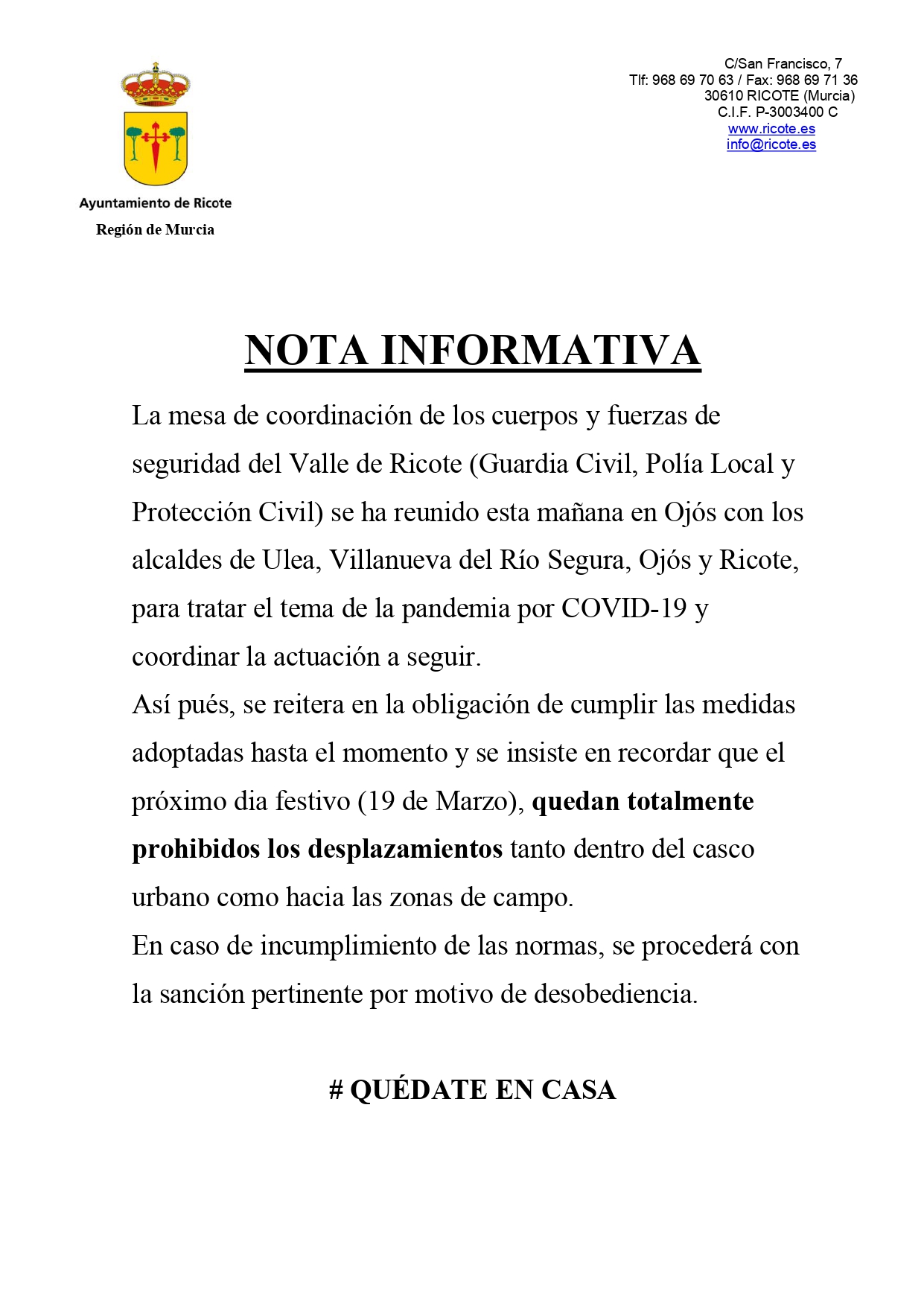 NOTA INFORMATIVA: COORDINACIÓN CUERPOS DE SEGURIDAD VALLE DE RICOTE ...