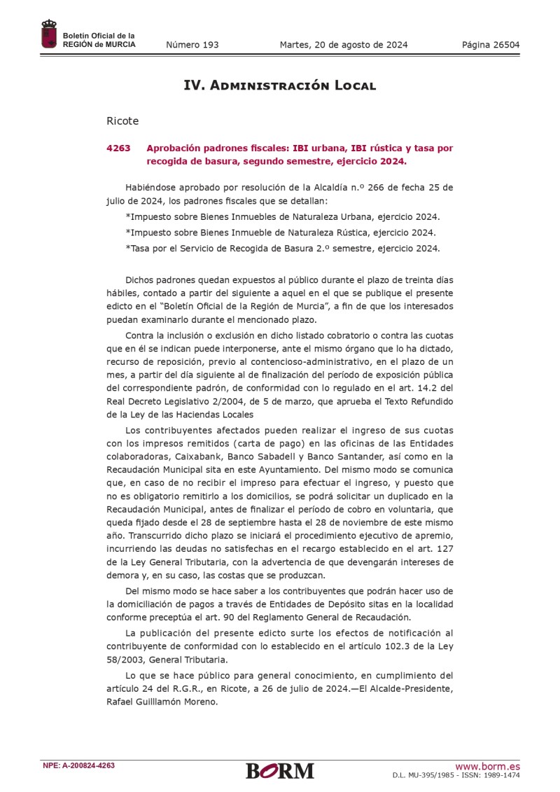 APROBACIÓN DE PADRONES FISCALES: IBI URBANA,IBI RÚSTICA Y TASA POR RECOGIDA DE BASURA (2ºSEMESTRE 2024)