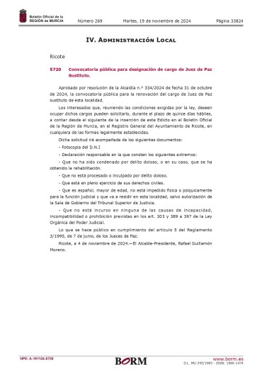 Convocatoria pública para designación de cargo de Juez de Paz Sustituto.