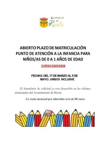 ABIERTO PLAZO DE MATRICULACIÓN PUNTO DE ATENCIÓN A LA INFANCIA DE RICOTE